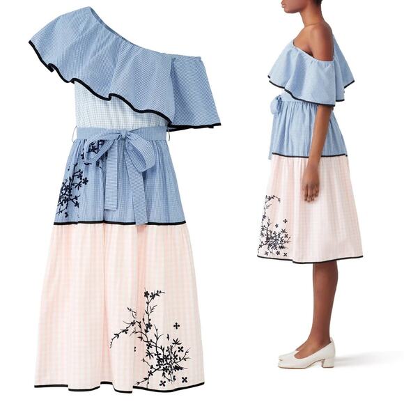 Hemant & Nandita Melantha Blue Pink Gingham Check One Shoulder Ruffle Dress Lg - Picture 1 of 11